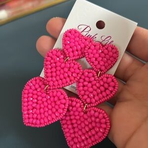 NWOT Pink Lily Beaded Tiered Pink Heart Earrings💕